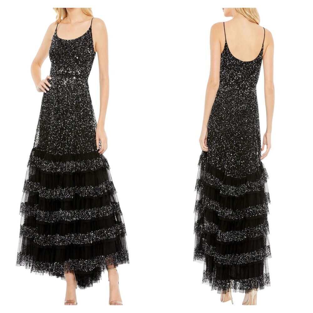 Mac Duggal 10883 Black Sequin Tiered Ruffle Gown NWT Size 14